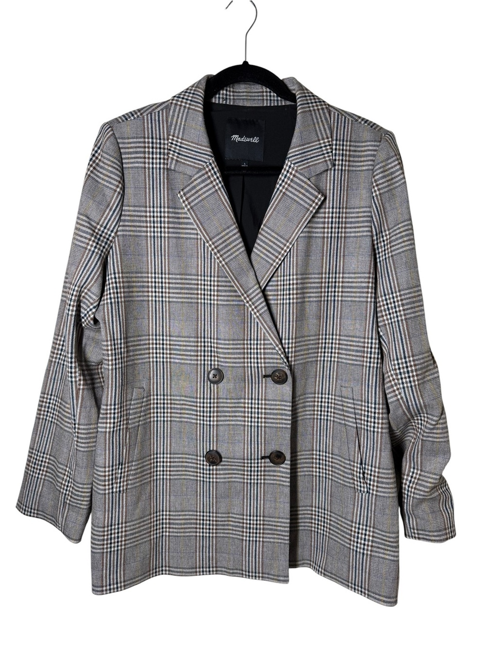 Madewell Caldwell Double-Breasted Plaid Blazer | Gray White Menswear Plaid Sz L - Picture 2 of 4